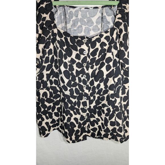 H&M Womens Short Sleeve Button Up Blouse Sz L Cheetah Linen blend Square Neck - Picture 2 of 6